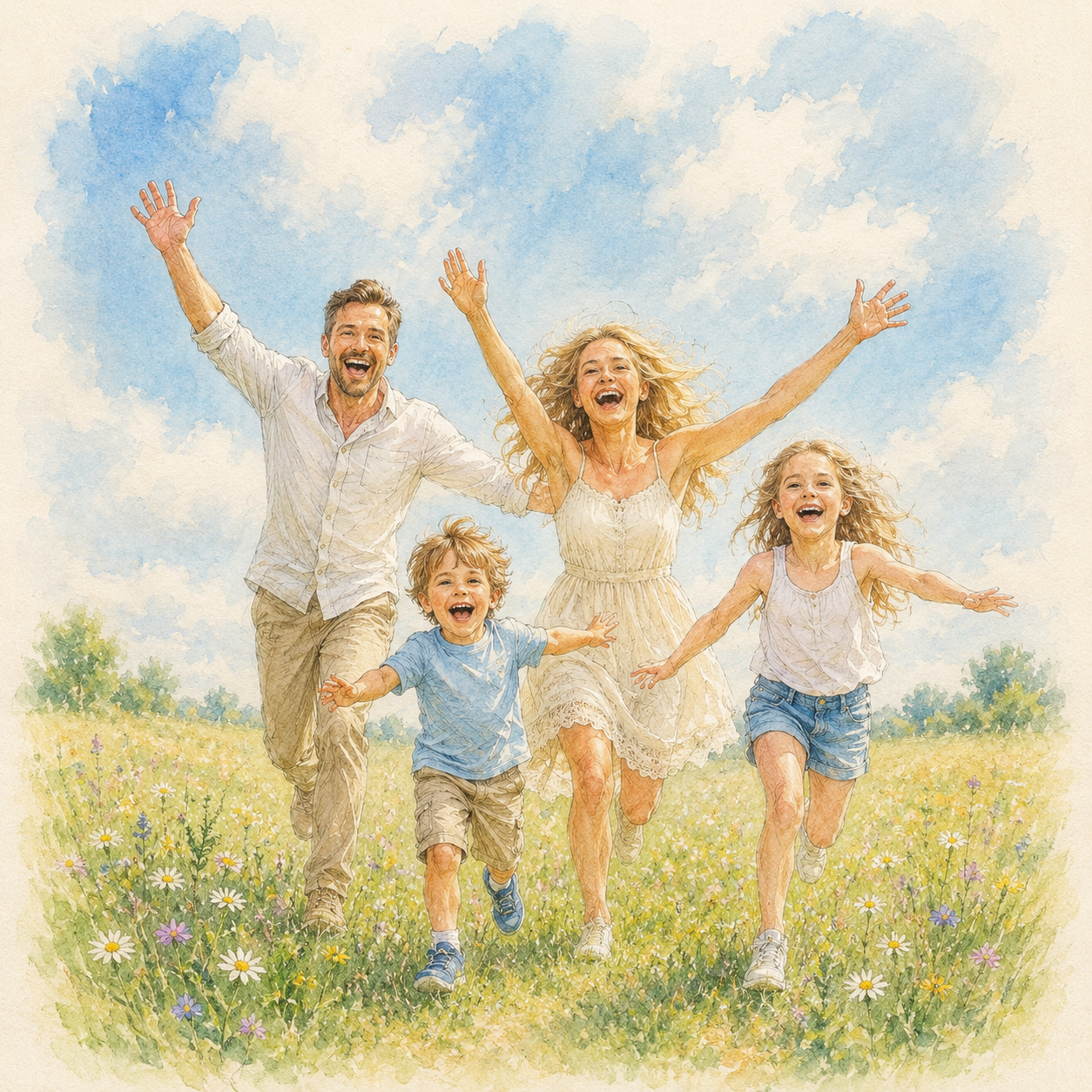 A family on a sunlit meadow โ watercolor illustration